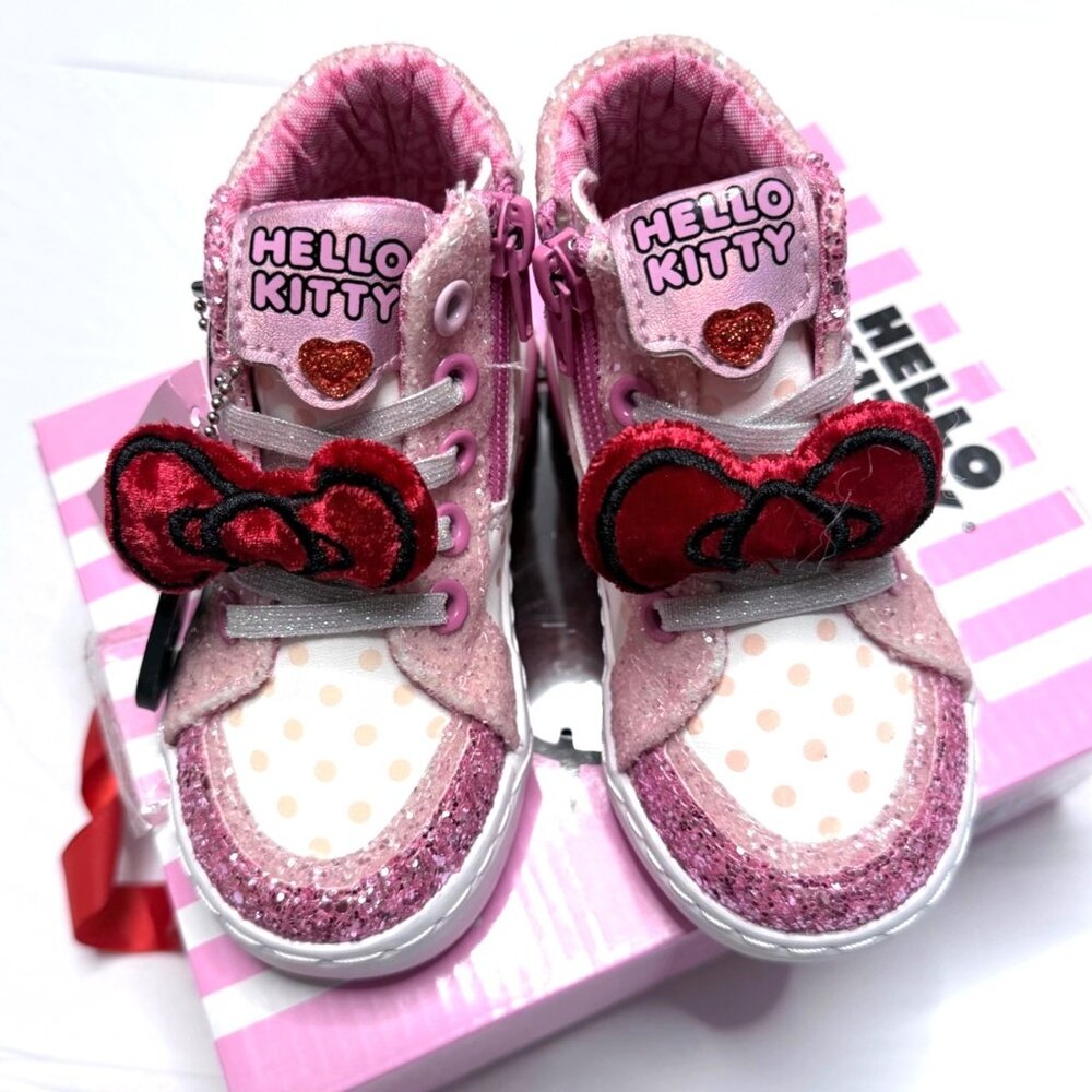 Hello Kitty Girls Glitter High Top Sneakers Red Bow Sparkle Shoes Girl Size 7